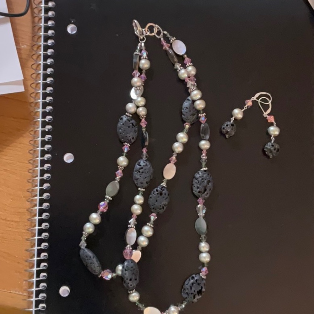 Nice 20” double strand necklace with brown beads pinks greens and silver spacers